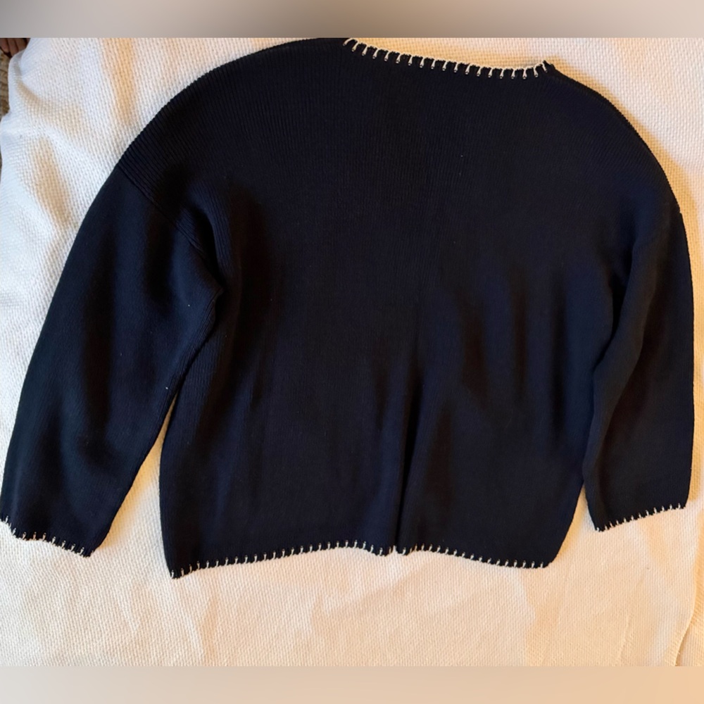 ZARA Woven Heavy Sweater Navy Knit Top w White Stitching Front Pockets V-neck - Picture 11 of 15